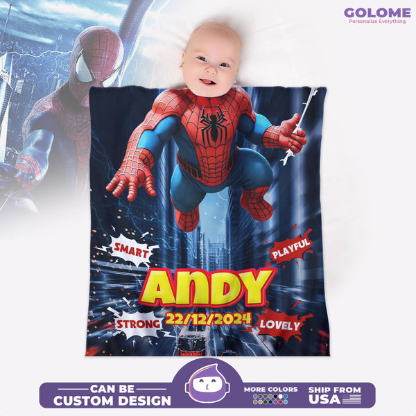 Personalized Spider Hero Baby Blanket – Custom Name & Birthdate – Superhero Baby Gift for Boys
